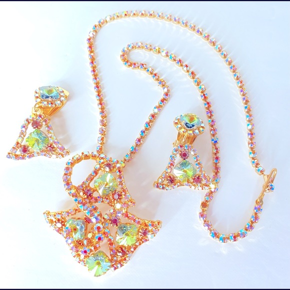 🔴 Vintage Rhinestone Necklace & Clip On Earrings - Picture 2 of 11